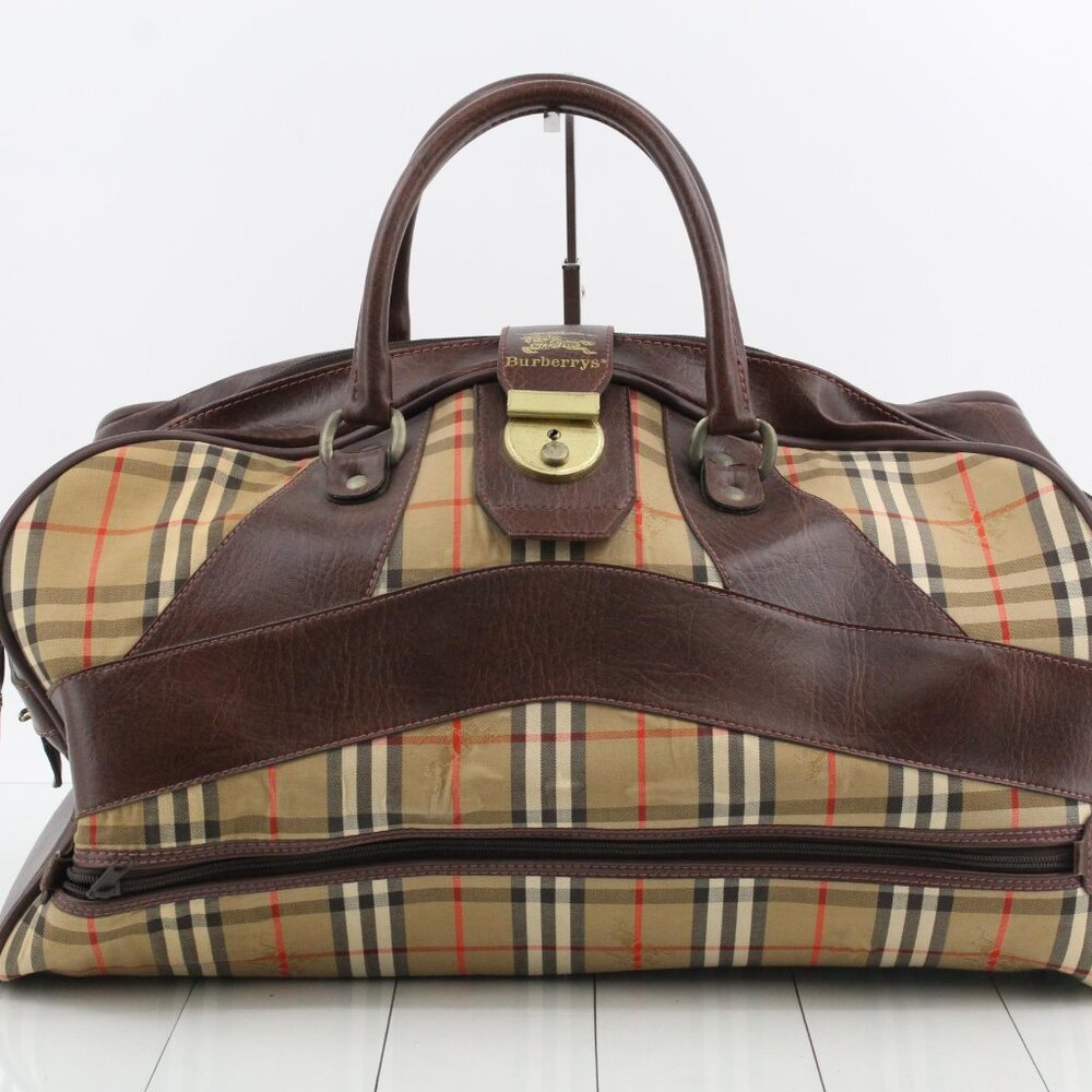 Burberry Tan Plaid Canvas and Brown Leather Duffel Bag